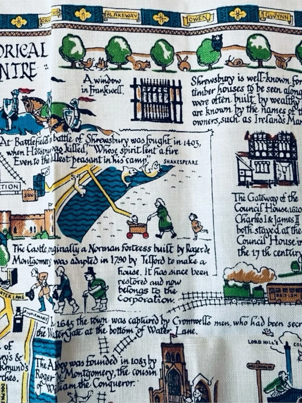 Vintage Ulster Irish Linen Towel Map of Shrewsbury England